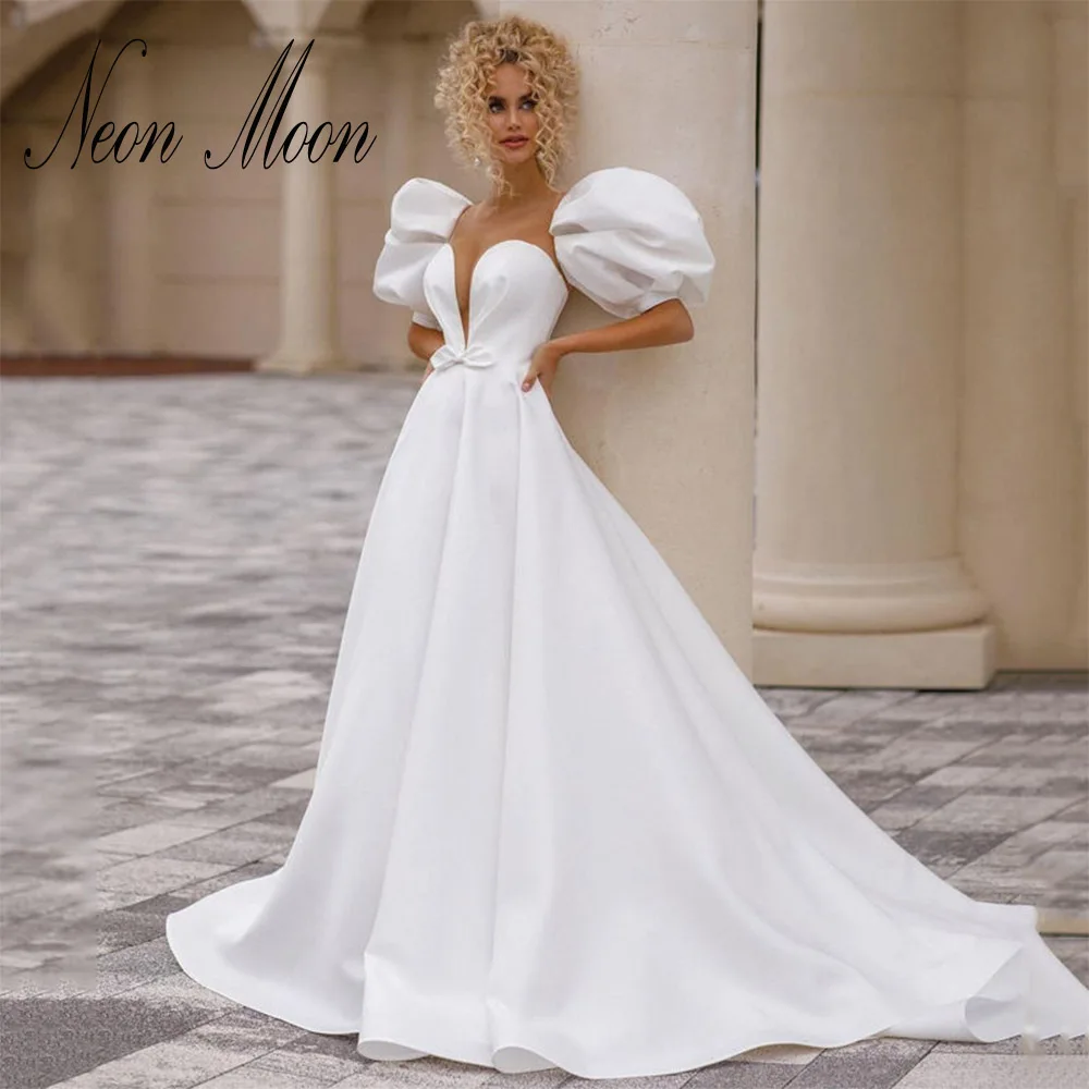 

Bohemian Sweetheart A-line Wedding Dress Detachable Puff Sleeve Wedding Gown Open Back Sweep Train Modern Cвадебное платье