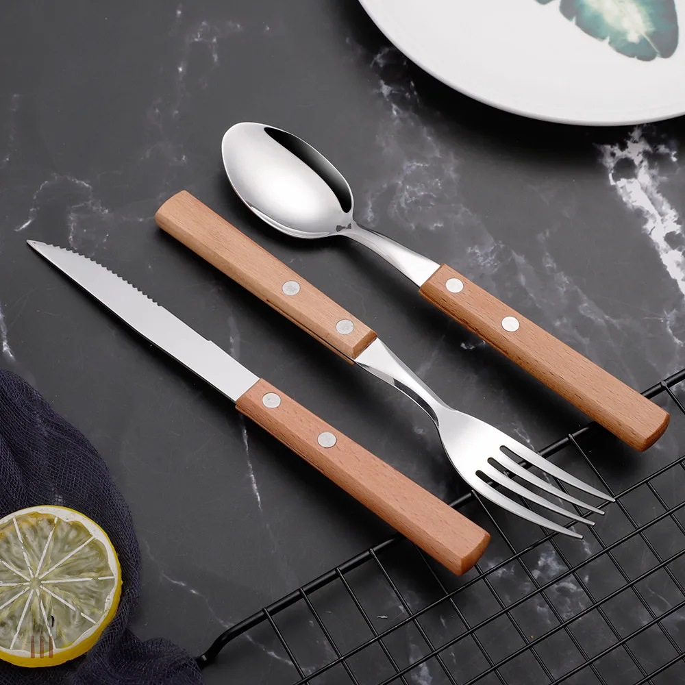 

Stainless Steel Wood Handle Dinnerware Set Tableware Set Knife Fork Spoon Flatware Set Dishwasher Safe Cutlery Set Dinnerware