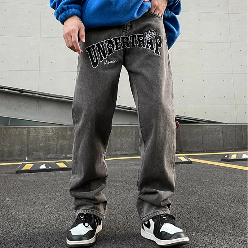 

Gradient Color Letter Embroidery Retro Casual Jeans Pants for Men and Women Straight Washed Streetwear Baggy Denim Trousers