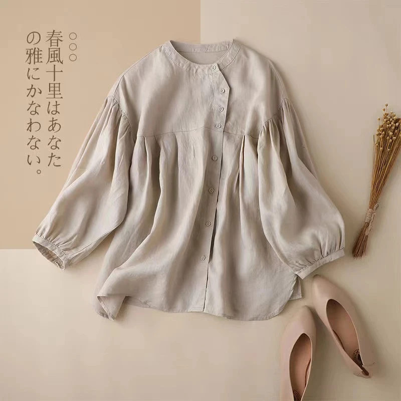 

Elegant Cotton Linen Women Tops Blouses Spring Elegant Lantern Sleeve Shirts Loose Cute Casual Single Breasted Blusas Mujer