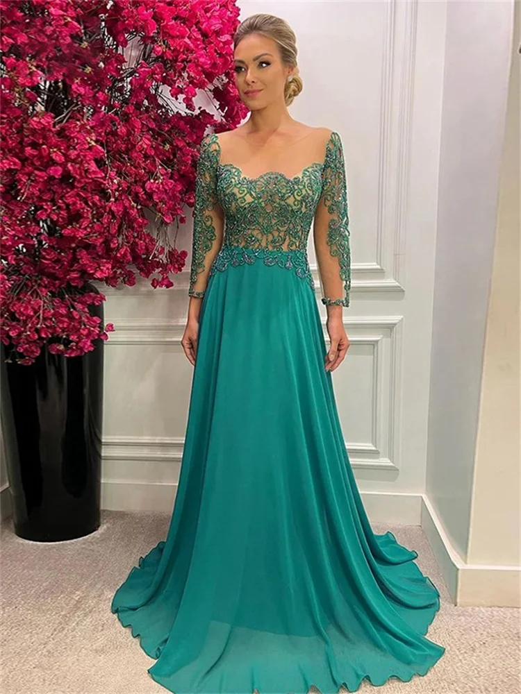 

2023 A-Line/Princess Chiffon Applique Scoop Long Sleeves Sweep/Brush Train Mother of the Bride Dresses Wedding Guest Gowns