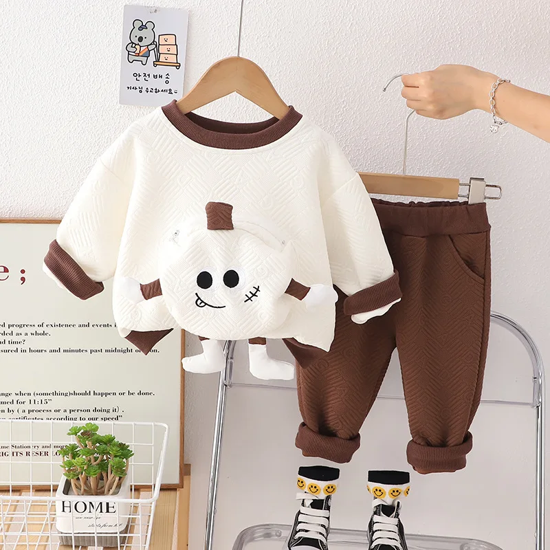 

Korean Fashion Boys Set Clothing 2023 New Spring Autumn Childrens Cartoon Pocket Long Sleeve T-shirts and Pants Toddler Outfits
