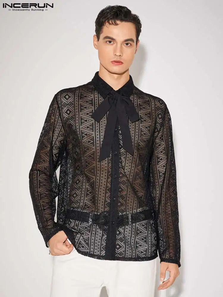 

Fashion Casual Style Tops INCERUN Men's Vertical Strip Hollow Blouse Stylish See-through Lace Striped Long-sleeved Shirts S-5XL