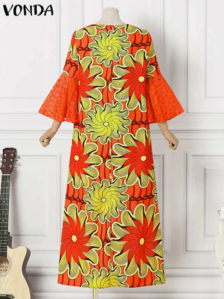 VONDA Plus Size Women 2023 Summer Dress Sexy Printed Lace Crochet Party Maxi Sundess Loose Casual Flare Sleeve Robe Femme