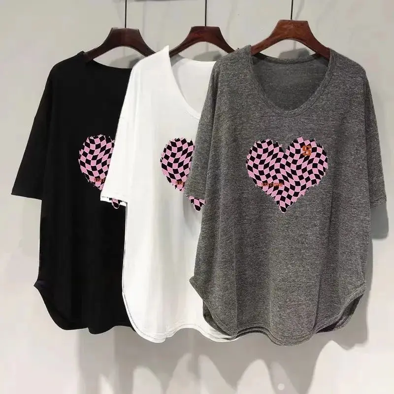 DAYIFUN U-neck Plus Size T-shirts Women Love Print Short-sleeved Loose Tees Tops Lady 2023 Summer New Casual Mid-length Tshirts