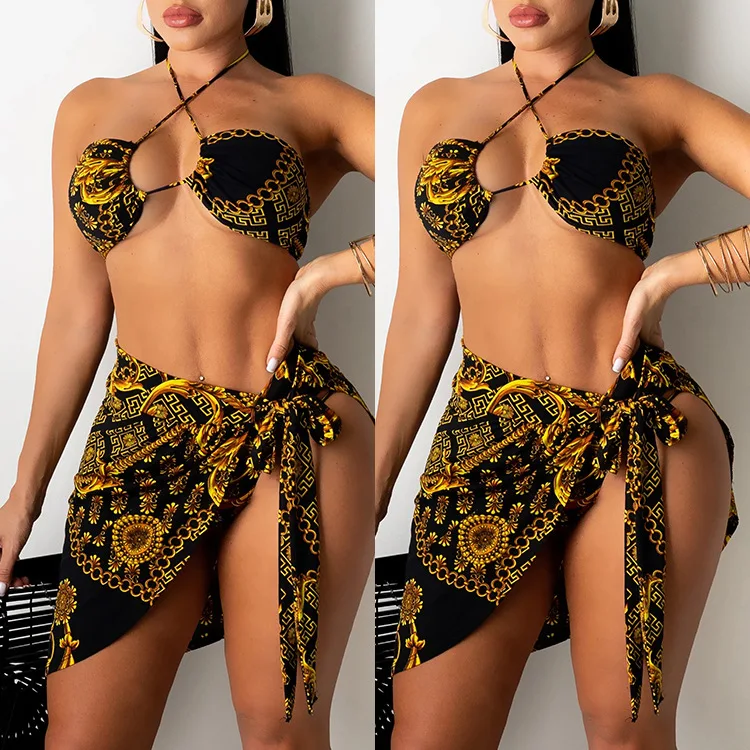 

2022 Women's Black Vintage Chain Sexy Print Bikini Three Piece Set