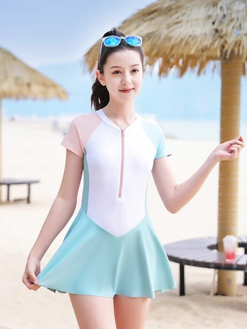Цельнокроеное платье-Купальник для девочек, голубое однотонное лоскутное платье с коротким рукавом для подростков, студентов колледжа, детские купальники 2023