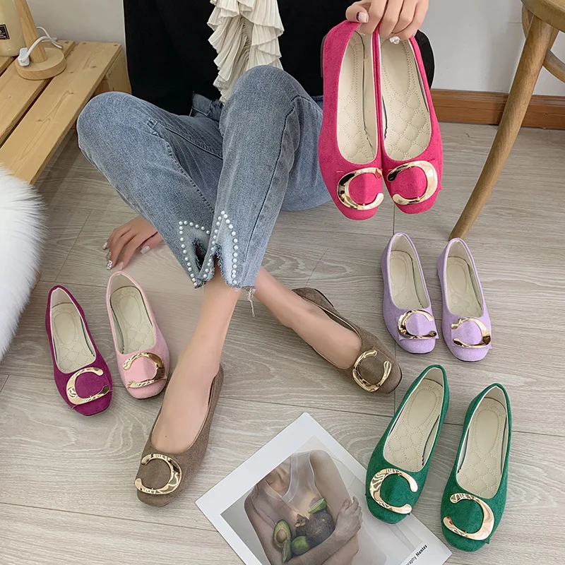 Metal  Buckle Flats Ballet Shoes Women Slip on Shallow Mouth Moccasins Elegant Women's Loafers Party Leather Ballerina