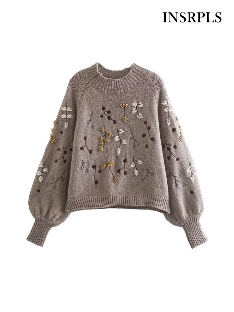 

INSRPLS Women Fashion With Beading Embroidery Knit Sweater Vintage O Neck Lantern Sleeve Female Pullovers Chic Tops