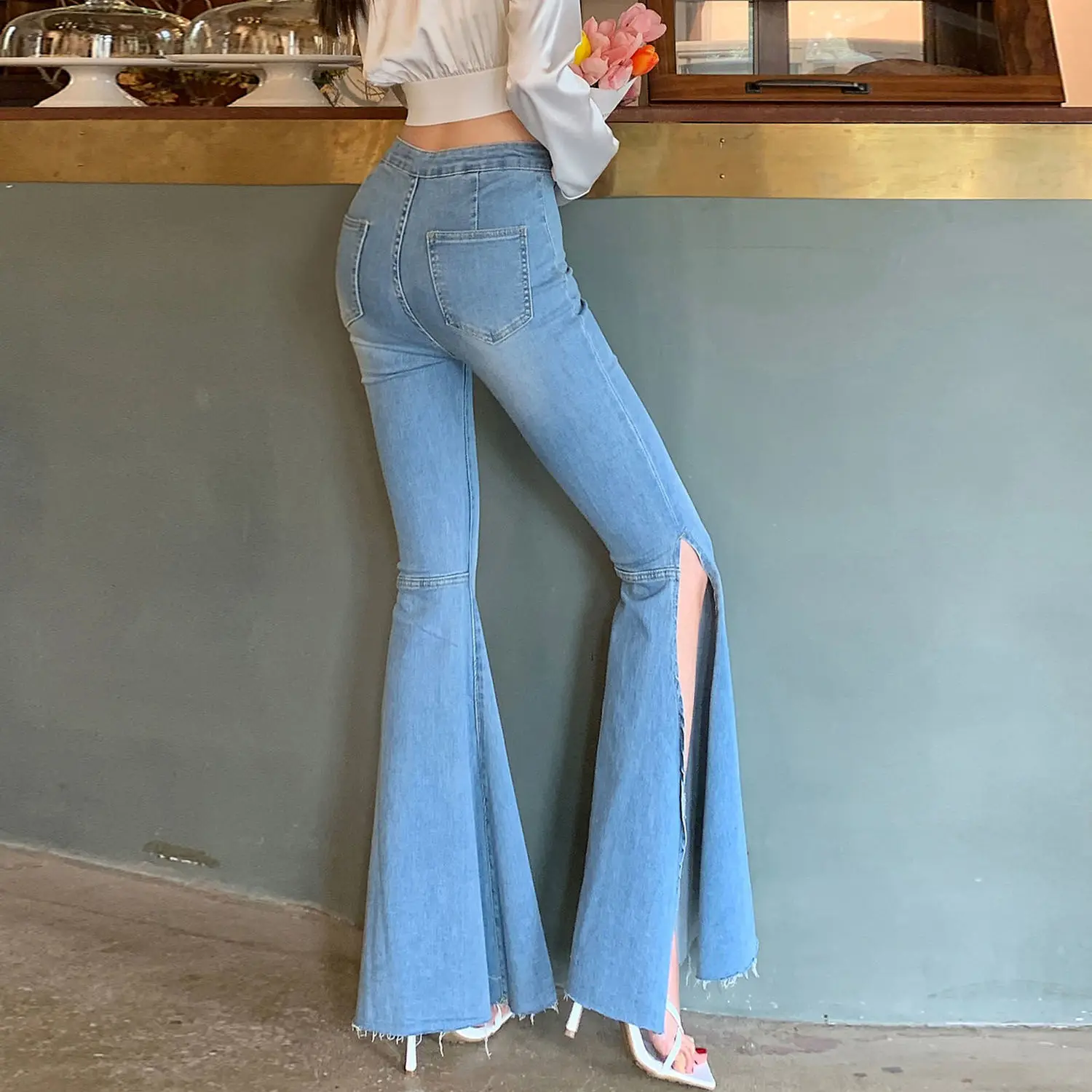 

Light Blue High Waist Jeans Women Clothes Summer New Korean Fashion Skinny Full Length Slit Flared Pant Casual Denim Trousers