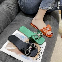 elegant rhinestone bow slippers women designer flats sandals 2022 summer ladies luxury green footwear house shoes size 36 42