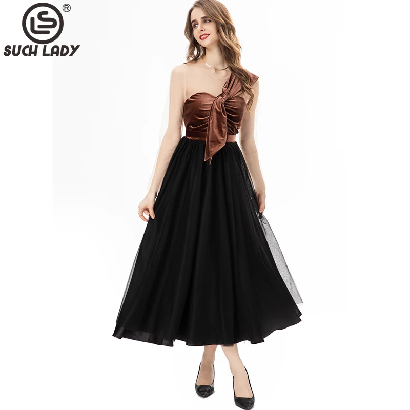 

Женские модельные платья с круглым вырезом и длинным рукавом, бархатные Многослойные элегантные модные платья средней длины с бантом в стиле пэчворк для выпускного