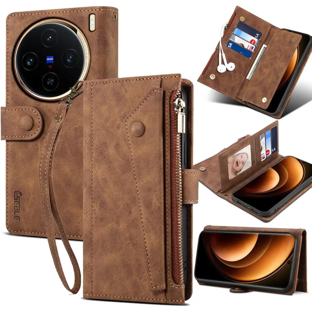 

Wallet Flip Leather Case For Vivo X100 Pro X100Pro Ultra Mobile Phone Case For Rope Luxury Zipper Cover Smartphone Fundas