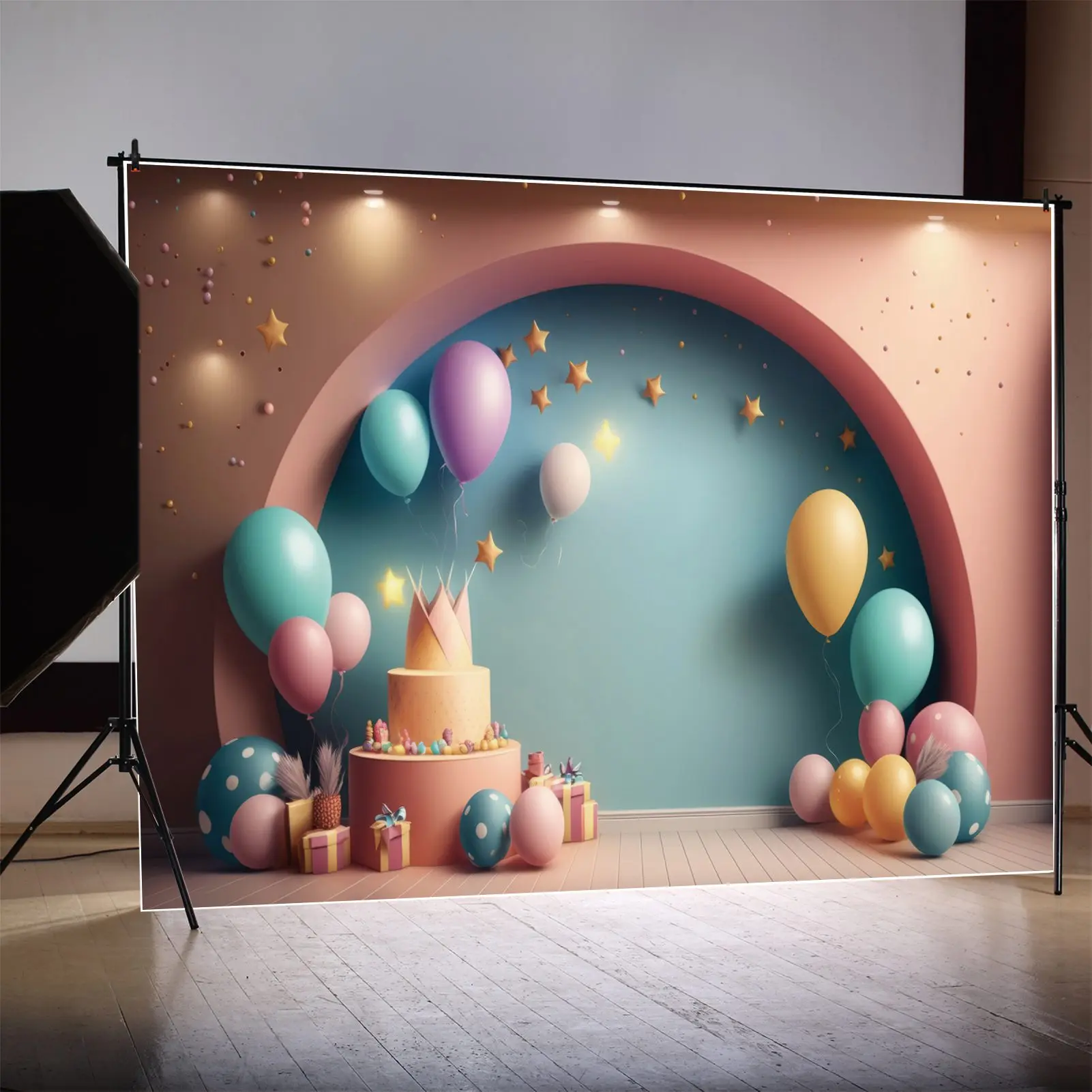 

Фон для фотосъемки детей на день рождения с изображением торта воздушного шара арочной стены звезд персонализированный фон для детской фотосъемки реквизит для студии