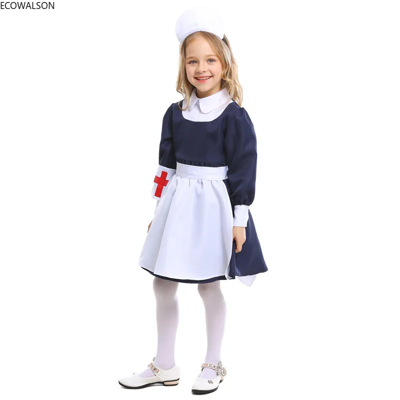 

Child Girl Doctor Nurse Costume White Blue Suit Dress Skirts Theme Party Masquerade Show Performance Professional Halloween 20