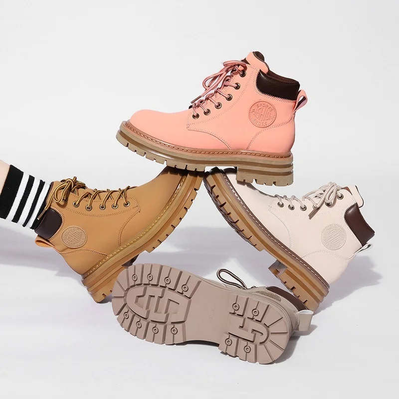 

Thick-soled Women's New All-match Leather Boots Big Toe Lace-up Short Boots Rhubarb Boots Women 33-43 Platform Shoes Women Shoes