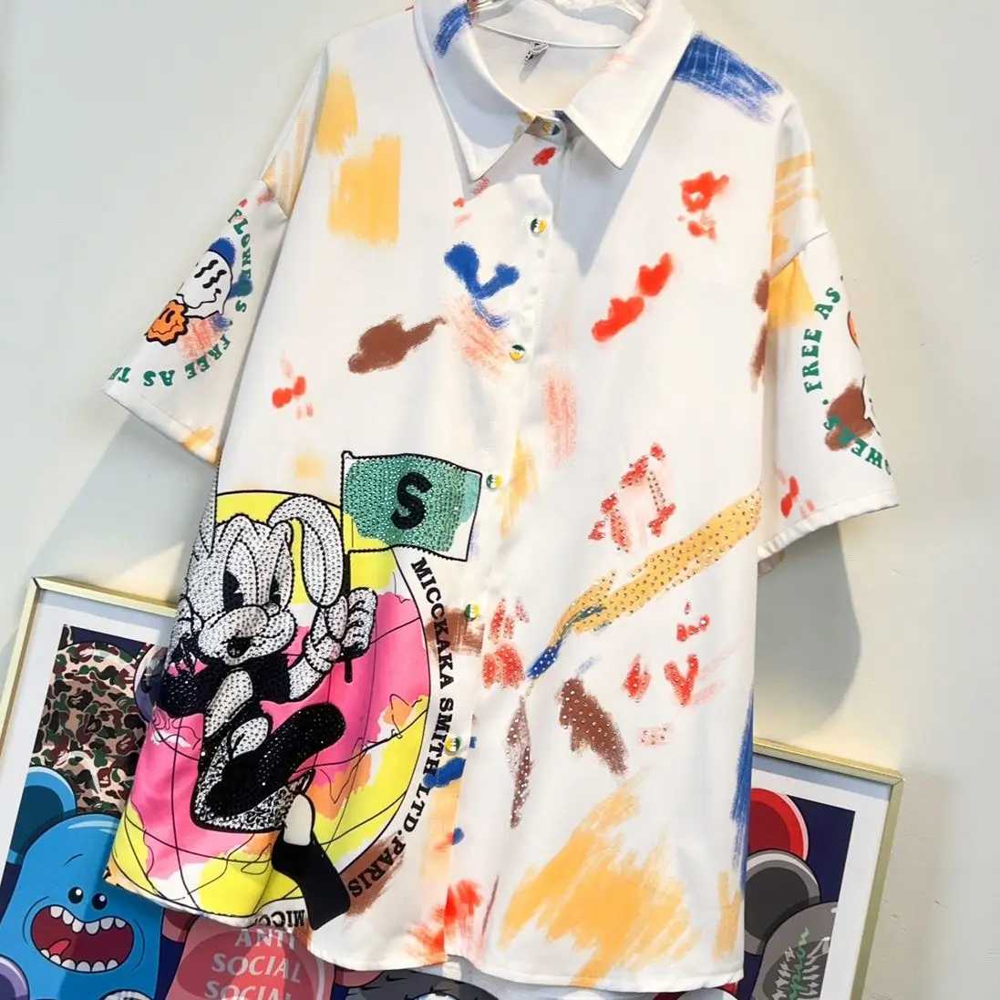 

Mid-long Female Blouses Trendy 2022 New Summer Streetwear Hot Drill Cartoon Printed Short Sleeve Shirt Women Loose Oversize Top