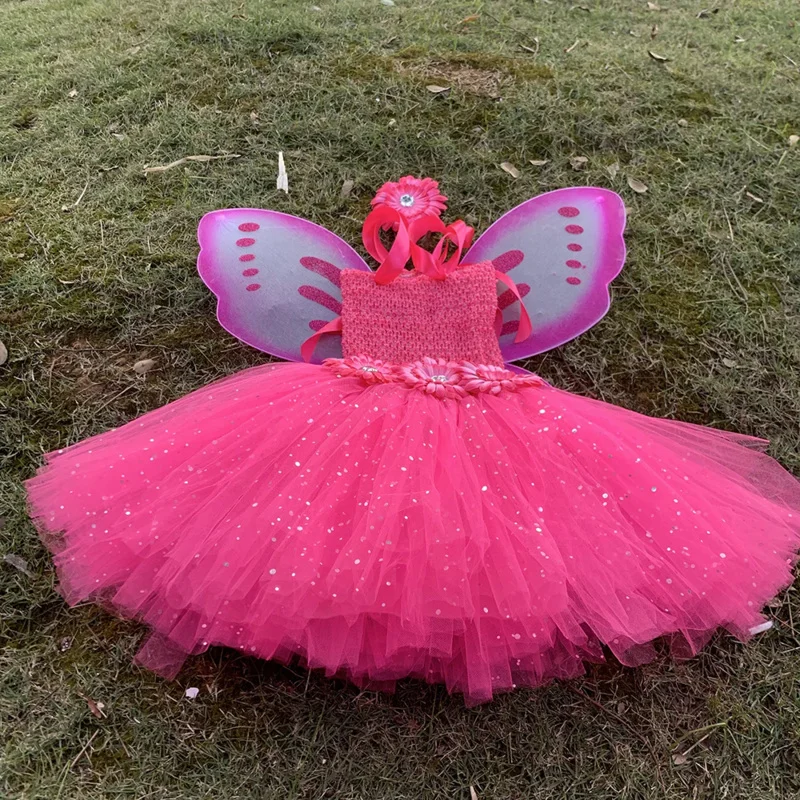 Розовое блестящее Тюлевое платье-бабочка для маленьких девочек женское платье