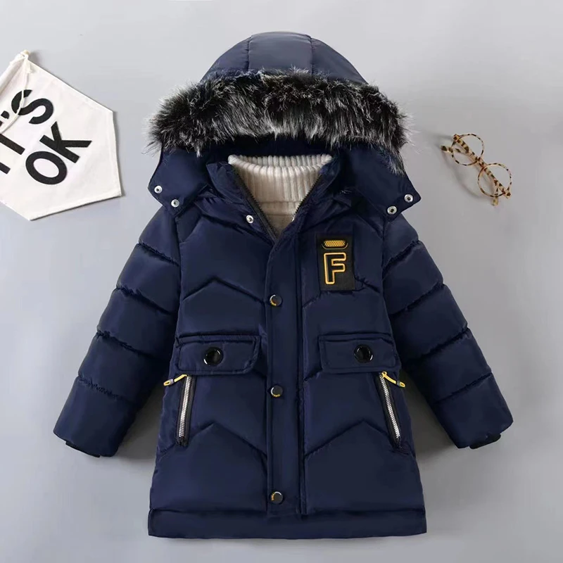 

Winter Boys Jacket Keep Warm Fashion Fur Collar Windproof Coat Hooded Zipper Outerwear Birthday Gift 2-8 Years Old Kids Clothes