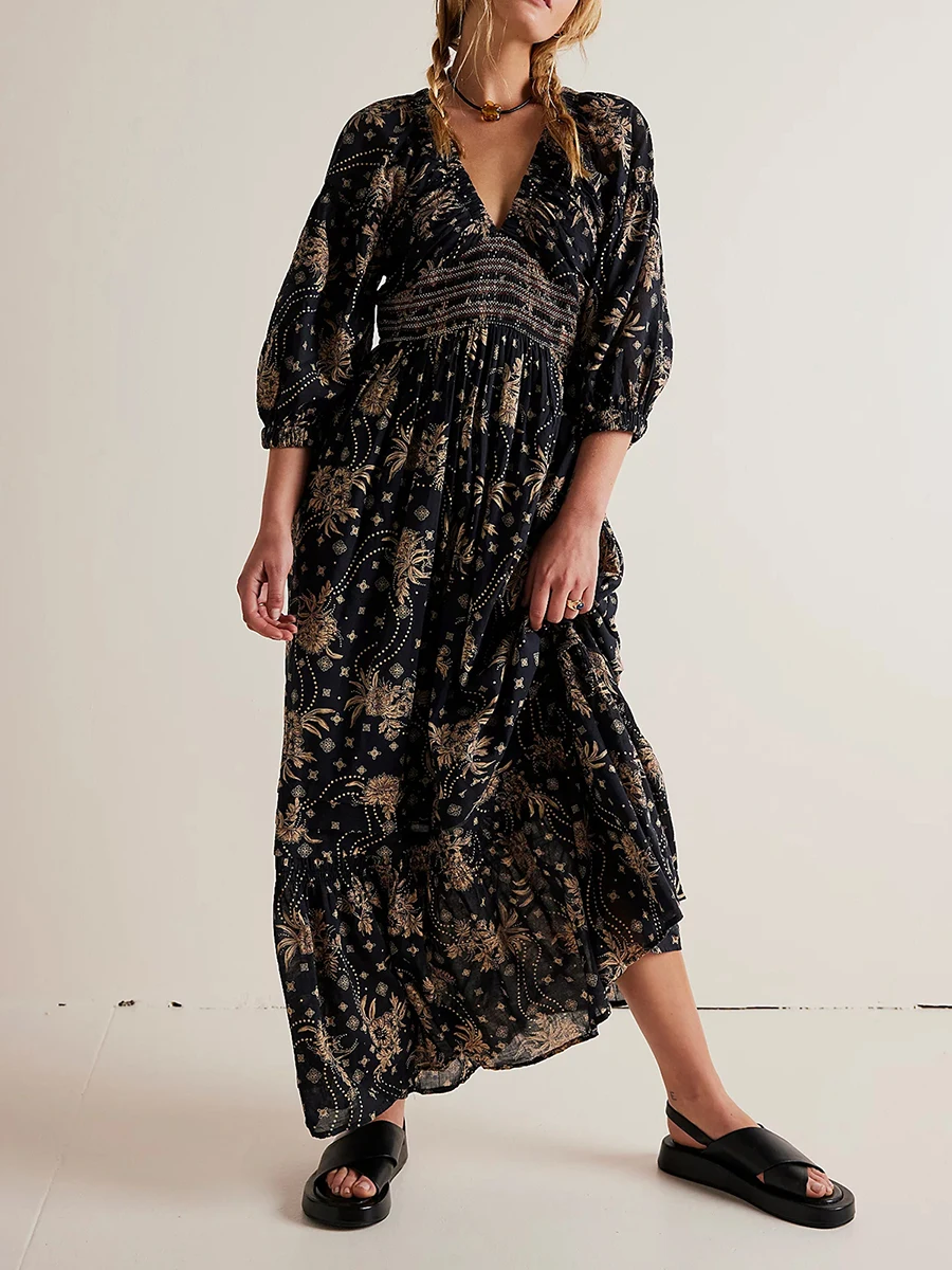 Женское богемное Цветочное платье длинное ТРАПЕЦИЕВИДНОЕ ПЛАТЬЕ С Рукавом до