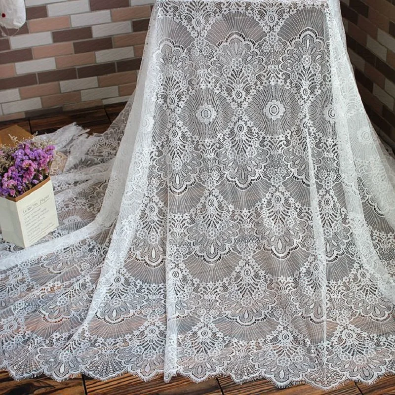 

French Eyelash Lace Fabric, 150cm Wide, DIY Exquisite Lace Embroidery Clothes, Wedding Dress Accessories, White and Black, 3m