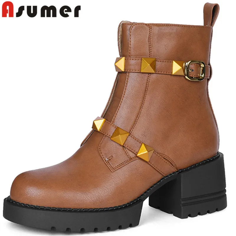 

ASUMER 2022 New Rivet Genuine Leather Boots Woman Thick High Heels Spring Ankle Boots Zipper Ladies Dress Shoes