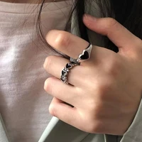 retro love heart chain ring for women adjustable punk black heart open ring index finger ring fashion hip hop jewelry ins gift