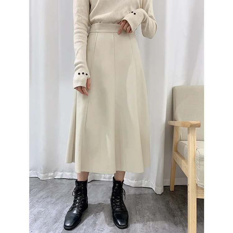 

Women's casual patchwork bust vintage solid brown long skirt temperament commuter leather skirt skirt