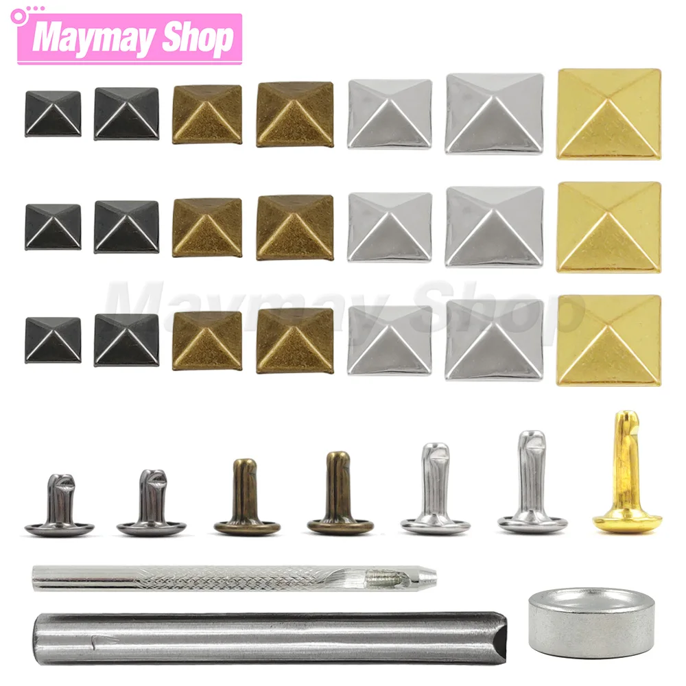 

100sets Metal Pyramid Cap Rivets Square Studs And Round Rivet Base With Tools for Leather Craft Bag Clothing Garment Shoes
