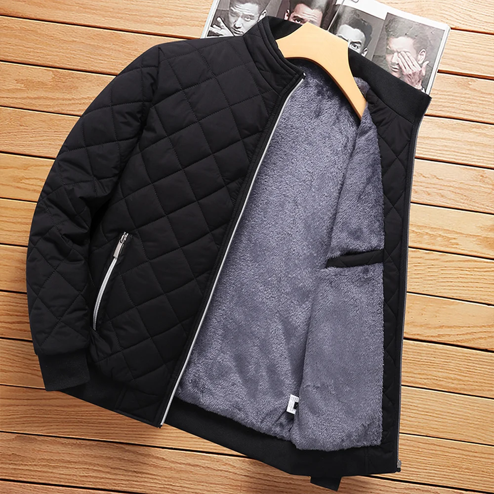 Men's Winter Fleece Cotton Padded Coats Zipper Round Neck Checkered Jackets Men Warm Bussiness Casual Coats Male Thick Cold Top
