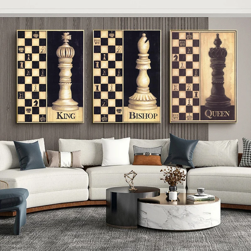 Ностальгическая серия художественной печати на холсте "Шахматы старинные: Король/Королева/Конь/Слон" для украшения стен жилой комнаты дома.