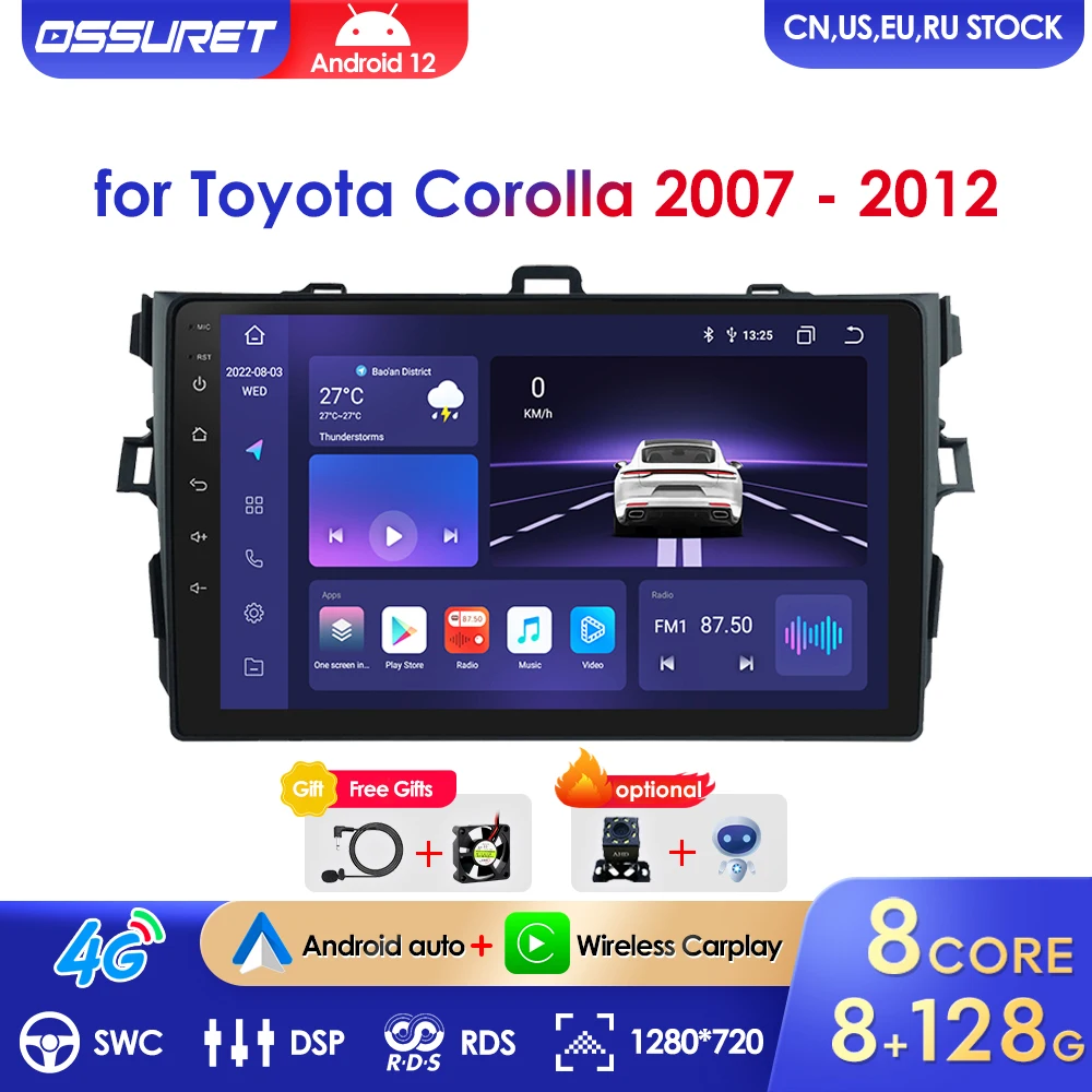 

Автомагнитола 8 ядер, 2 Din, Android 12, мультимедийный видеоплеер для Toyota Corolla E140 150 2007-2012, Авторадио для Carplay, GPS, без DVD