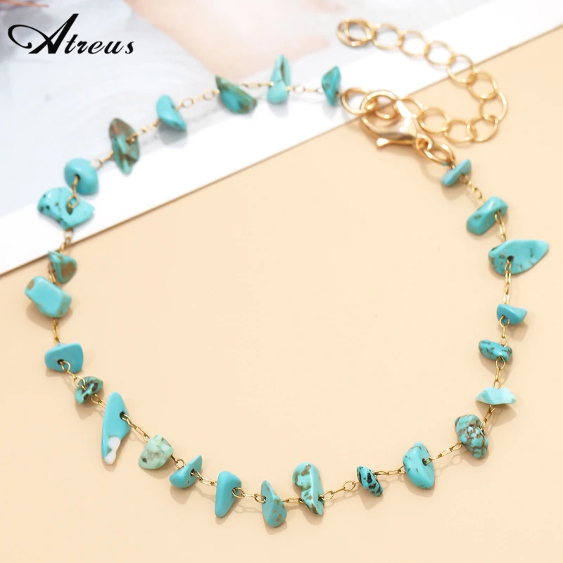 

Imitation Turquoise Crushed Stone Beads Bracelet For Women Bohemian Style Jewelry Gold Plated Link Chain Summer Beach Style