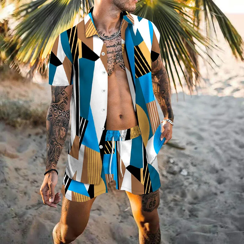 2023 Summer New Men's Retro Printed Slim Lapel Shirt + Casual Loose Printed Shorts Beach Suit Men's Clothing