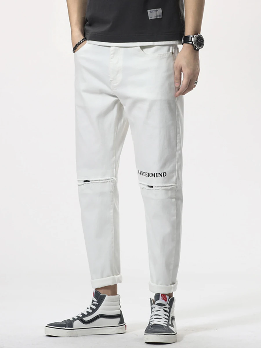 Spring and Autumn Korean Version Men's White Jeans Ripped Print Trend Nine-point Pants Fashion Streetwear Men Ins Hot Sale JEANS