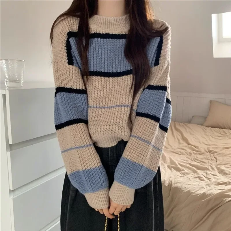 Осень/зима новый полосатый вязаный пуловер свитер для женщин свободный крой