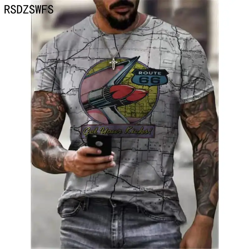 Summer Men's T-Shirt Street Fashion U.S. Highway 66 Personalized Printing Clothes；Large Size Men’s Top Loose Pullover |