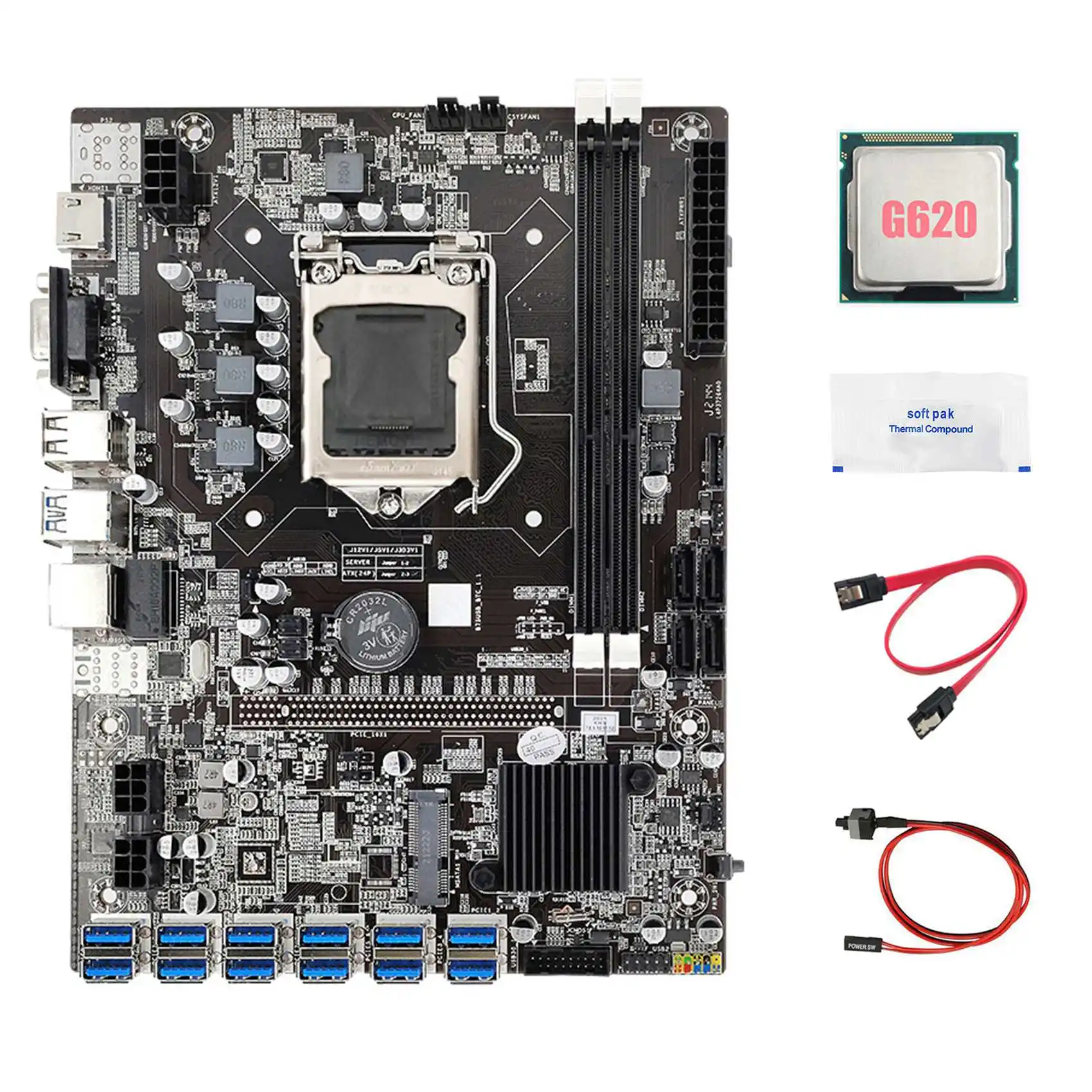 B75 ETH Miner Motherboard 12 PCIE to USB+G620 CPU+SATA Cable+Switch Cable+Thermal Grease LGA1155 B75 USB BTC Motherboard