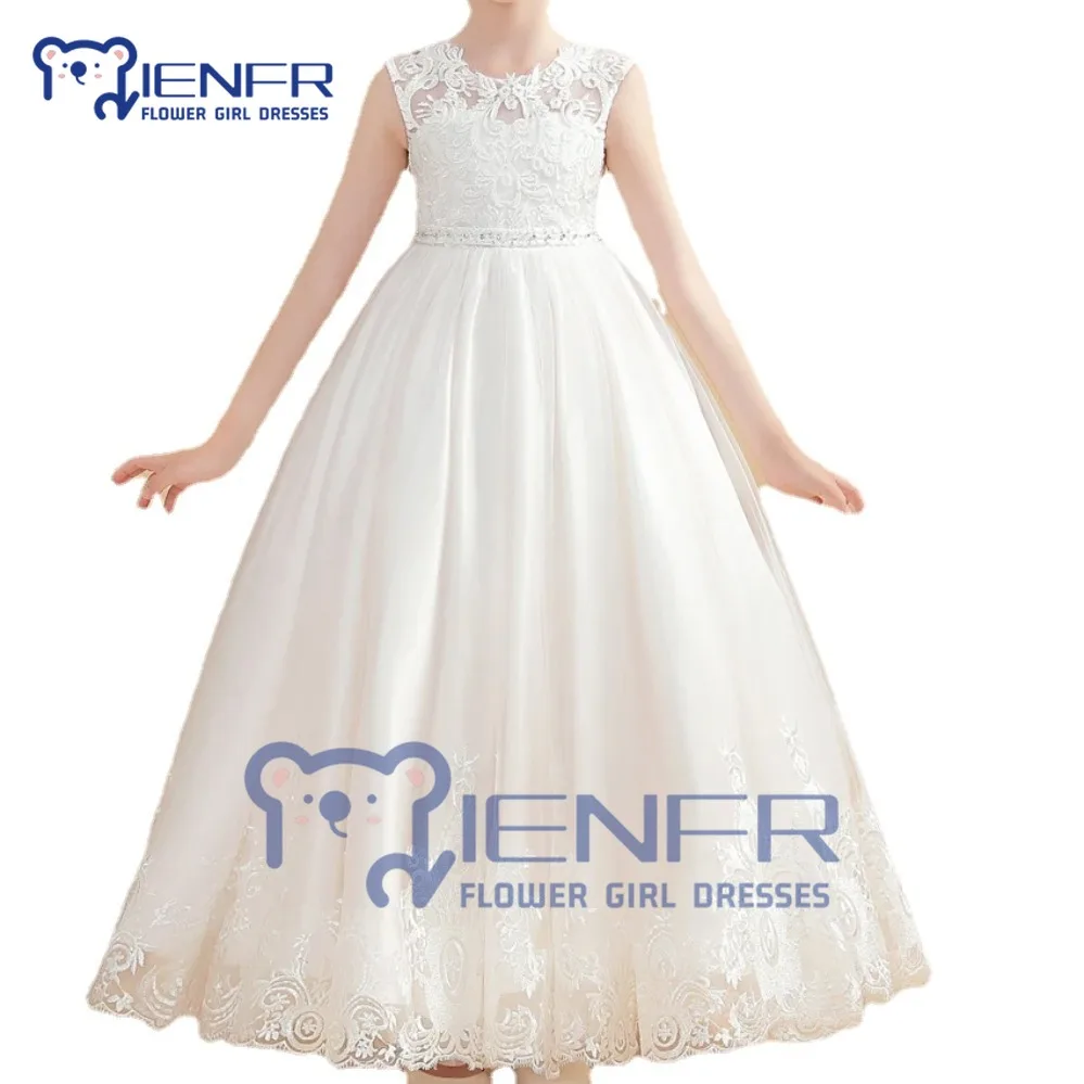 

White Lace Flower Girl Dresses Beaded Belt V-back Sleeveless Kids Children Birthday Party Wedding First Communion Pageant Dress
