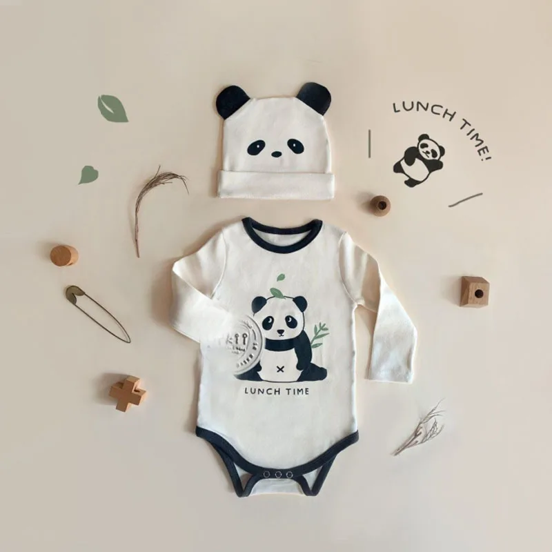2022 Spring Summer New Cute Panda Print Baby Bodysuit Infant Cartoon Clothes Cotton Toddler Boy Long Sleeve Jumpsuit + Hat 0-24M