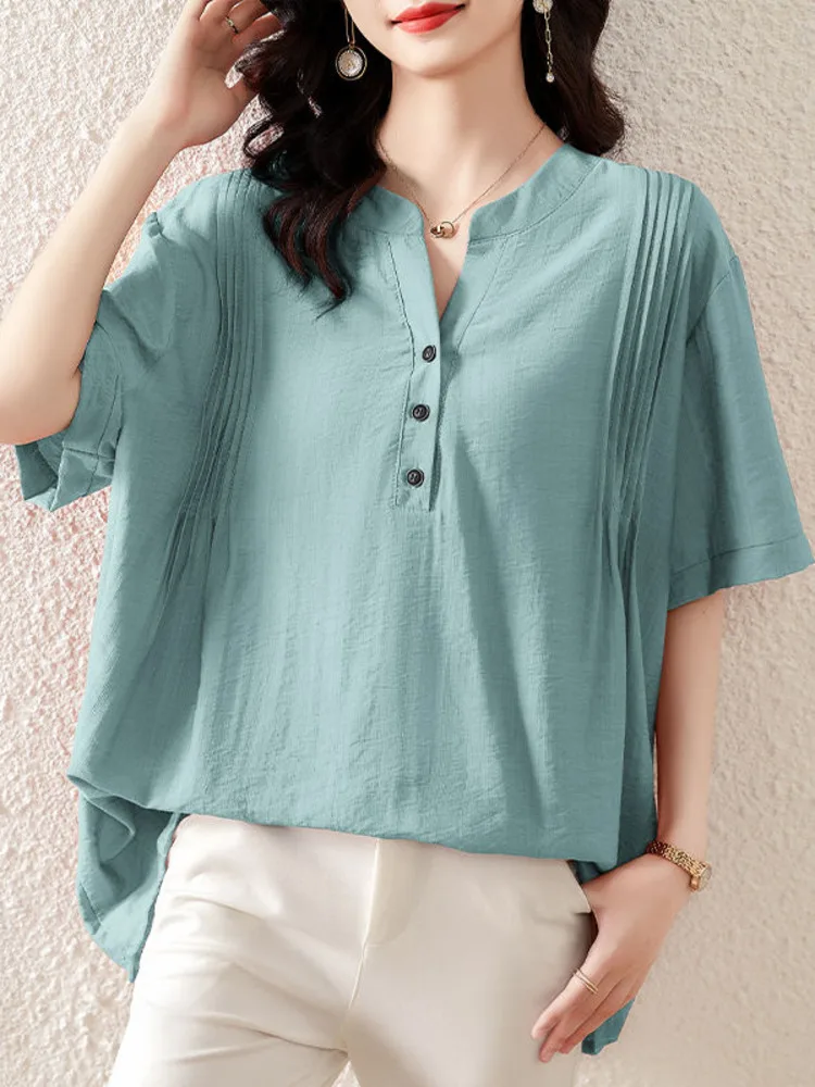 

Oversize Straight Loose T-shirt Women Summer Casual Short Sleeve Buttton V-neck Large Tshirt 100KG Female L-4XL Simple Tops