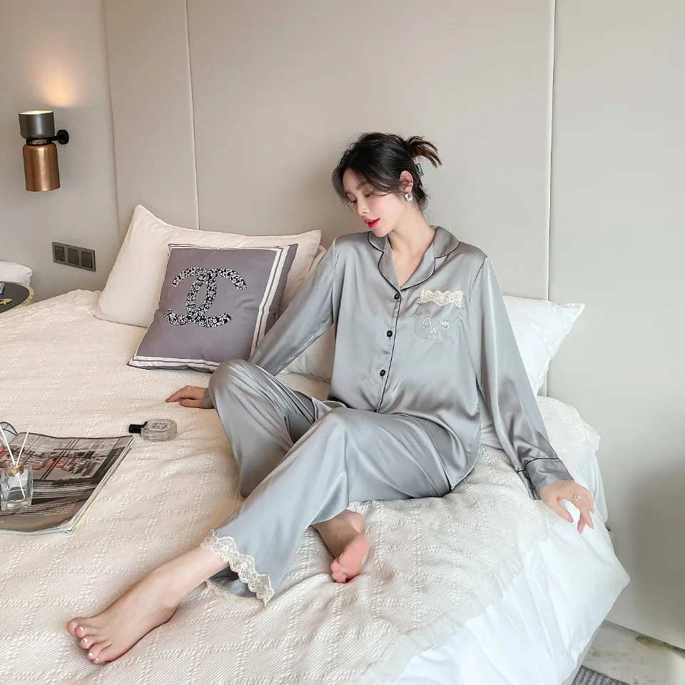 [Women's pajamas] [high-quality]Spring and Summer New Men's and Women's Lovers Simulated Silk Sleepwear Silk Home Furnishing Set