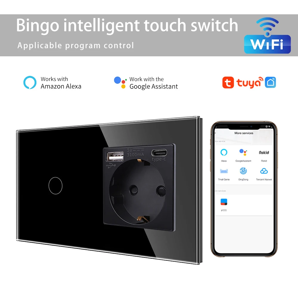 

Wifi Wall Switch Smart Google Alexa With EU Standard USB Power Socket Outlet Touch Switches 1/2/3Gang 1Way Wireless Switch