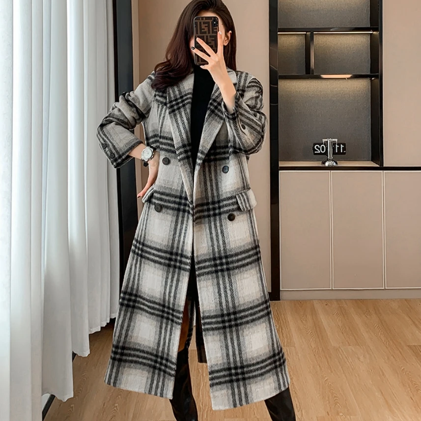 

Шикарные Клетчатые Шерстяные Пальто, толстые теплые женские зимние двубортные Женские Длинные куртки с длинным рукавом 2023 Q810