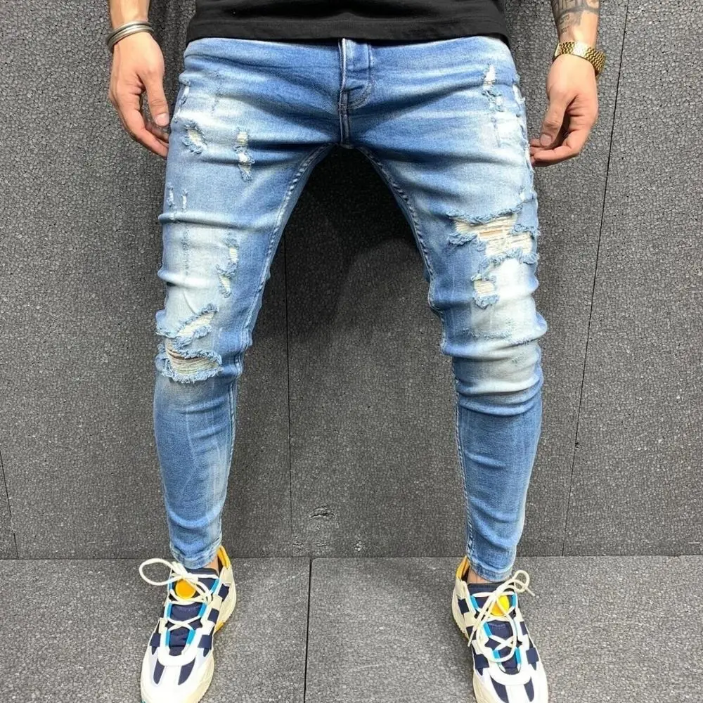 2022 Hot popular European and American style scratch thread hole wear color slim slim jeans fashion men's small foot pants