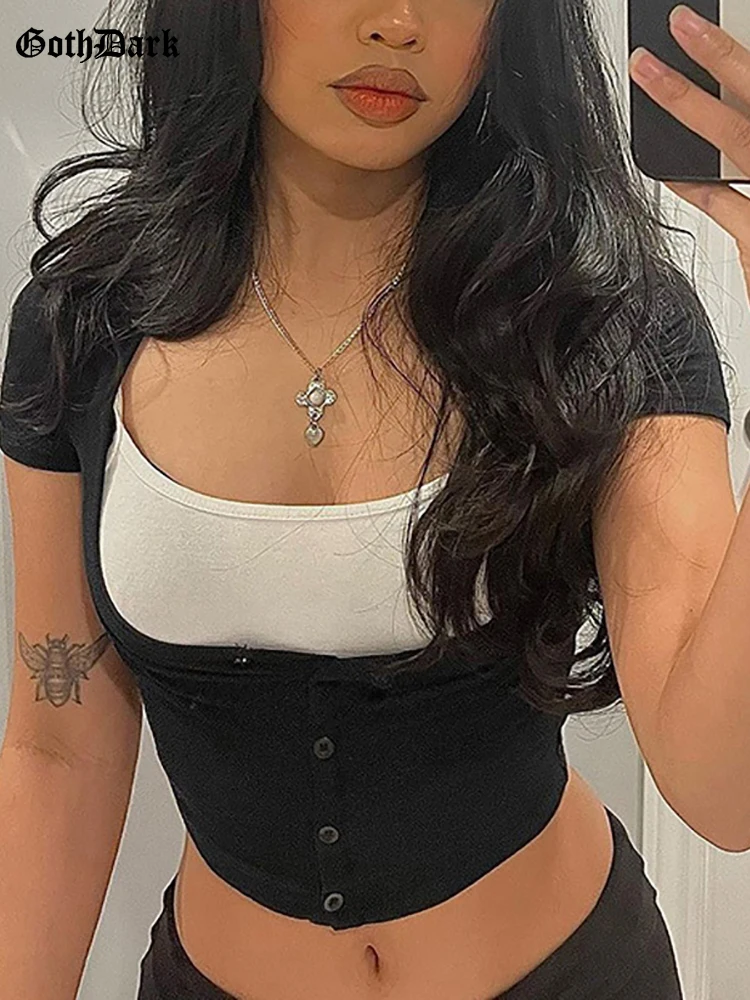 

Goth Dark Y2k Streetwear Gothic Patchwork Women Blouses Grunge Style Button Up Bodycon Crop Tops Sexy Square Neck Fashion Tshirt