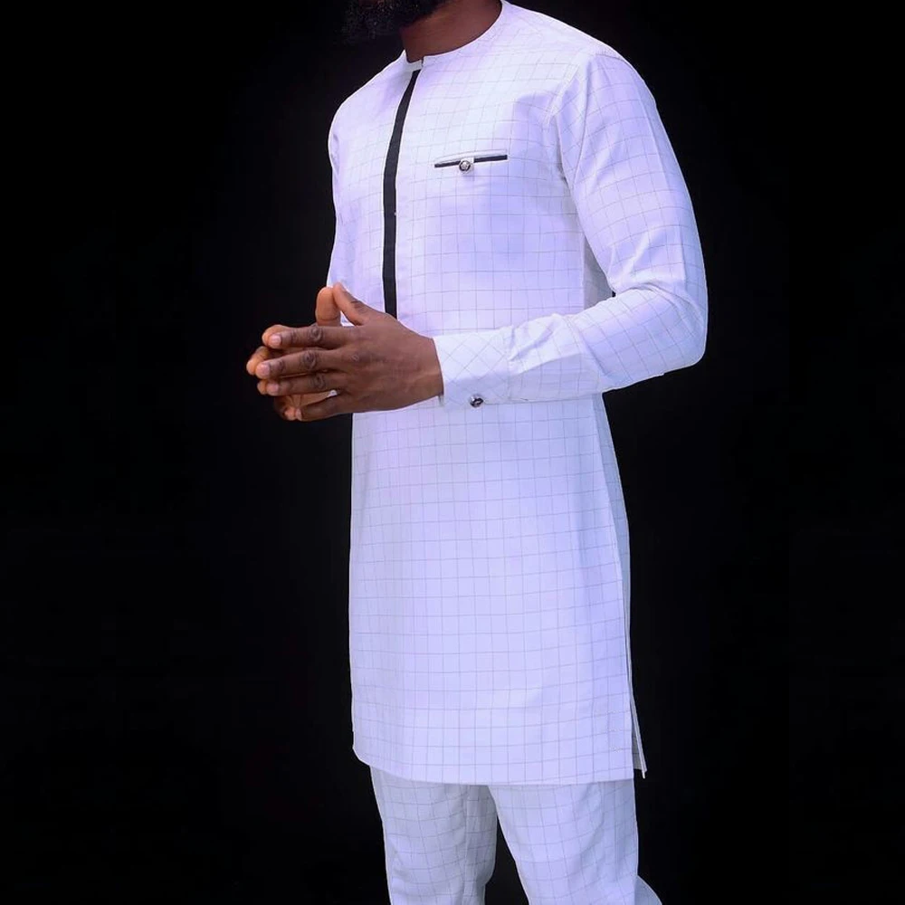 

Клетчатый мужской костюм с длинными рукавами в Африканском этническом стиле, 2 предмета, топ и брюки, весна и осень, Повседневная однотонная ...