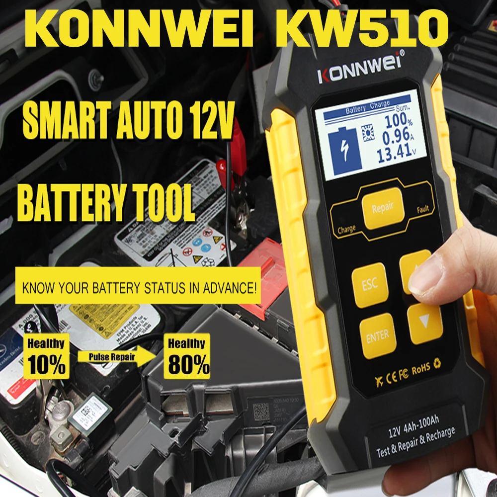 

Полностью автоматический тестер автомобильного аккумулятора KONNWEI KW510, 12 В, импульсный ремонт, 5 А, зарядные устройства, влажная сушка, AGM Gel, св...