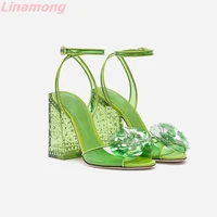 fashion square heel stiletto pointed toe ankle wrap solid flower decoration pvc hot sale in 2022