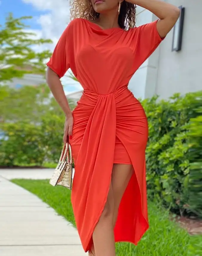 

Elegant Women Solid Color Short Sleeve Round Neck V Neck Asymmetric Hem Casual Dress Party Dress Ladies Evening Vestidos